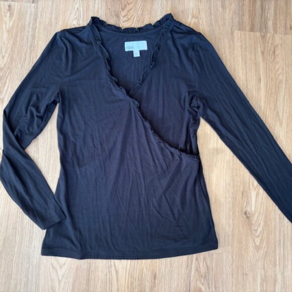 Nordstrom Rack NWOT Black Long Sleeve Faux Wrap Ruffled Top Small - Picture 1 of 6